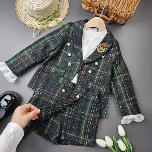 کت شلوارک شنل سبز پولکی