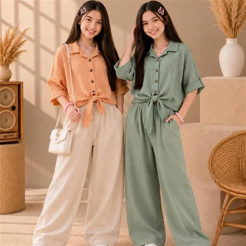 ست شومیز شلوار گره ای بیسکوئیتی